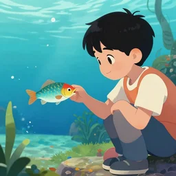 boy chatting with a fish