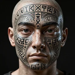 ancient slavic face tattoo pattern concept, glagolitic glyph, intricate artwork by ,James Jean, Noah Bradley, very coherent artwork, cinematic, hyper realism, high detail, octane render, unreal engine, 8k, High contrast, higly detailed black ink outline