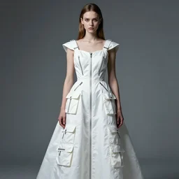 a portrait by nick knight of a russian girl detailed features wearing a cargo wedding dress - lots of zippers, pockets, synthetic materials, jumpsuits chic'techno fashion trend by balenciaga