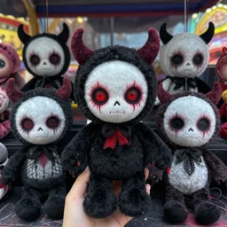 haunting plushies being sold at an amusement park, devilish, nightmare - fuel, scary, cursed, evil, dark