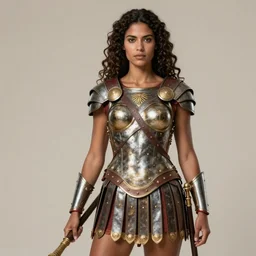greek amazon warrior, a tall beautiful woman with brown skin and long curly dark hair, dressed in hellenistic body armour, intricate, elegant, highly detailed, smooth, sharp focus, detailed face, high contrast, graphic novel, black and white, art by laurie greasley