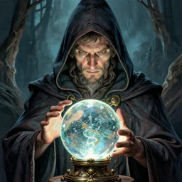 wizard in a hooded cloak gazing into a crystal ball, high details, intricately detailed, by vincent di fate, 3 color screen print, masterpiece, trending on artstation, sharp, details, hyper - detailed, hd, 4 k, 8 k
