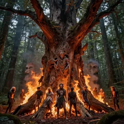 high intricate wood - burning of evil forest spirits burning the ancient forest, massive ancient tree, maria panfilova, andrea savchenko, mike kime, ludovic plouffe, qi sheng luo, oliver cook, david noren, trending on artstation