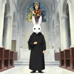 a man wearing priest clothes and a white rabbit mask standing in a white marble church, anime film still from the an anime directed by Katsuhiro Otomo with art direction by Salvador Dalí, wide lens