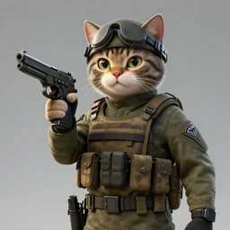 cat wearing military gear holding pistol, digital art, unreal engine render, trending on artstation