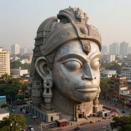 high quality 3 d cyberpunk biomorphic hanuman head building in the middle of mumbai!!, kalighat highly detailed, cinematic smooth, stephen shore & john j. park, soft morning light, wide shot, high angle, uhd 8 k, deep focus
