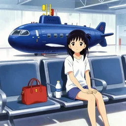 a young girl waiting in a spaceport for her flight, last exile, blue submarine no. 6, loish, murata range, kawaii, studio lighting, anime, manga, vibrant bright colors, japanese,  beautiful,35mm lens, dreamy, mucha, gradation, jean giraud, fantasy