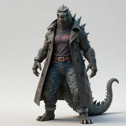a female monstrous inhuman humanoid punk godzilla dressed in a trench coat, t - shirt, and jeans trending on artstation deviantart pinterest furaffinity detailed realistic high resolution hd 8 k