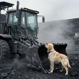 puppy operating heavy machinery in dusty coal mine, photo from 1 9 9 8,