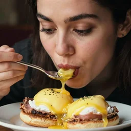 closeup headshot photo of the woman passionately tasting the best egg benedict, detailed face details