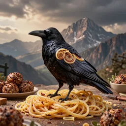 a raven made of spagetthi fractals, intricate and detailed, a mountain of meatballs in the background