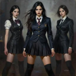 a beautiful woman with school uniform gothic, seifuku, pleated miniskirt, overknee socks, adriana lima, painted by artgerm and tom bagshaw, fantasy art, dramatic lighting, highly detailed oil painting, volumetric lighting