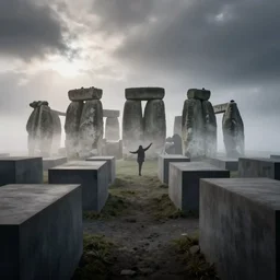 arm reaching out of thick fog, stonehenge, holocaust memorial stone blocks, zdzislaw beksinski
