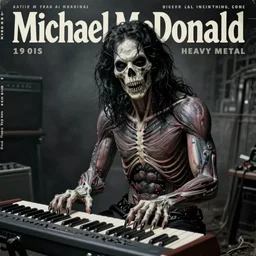 Michael McDonald, heavy metal magazine cover, 1980s, keyboard, atmospheric, realism, horror, grimy, sinister, highly detailed, high octane render, HD, anatomy, symmetrical body, symmetrical face, scary, cracked brick background, in the style of Frank frazetta and moebius, Peter mohrbacher and John William Waterhouse, maciej rebisz and h.r. giger