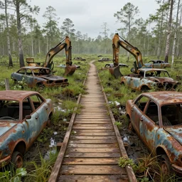 a muddy swamp littered with rusted submerged cars and vegetation covered construction equipment, narrow wooden walkway, game art matte painting hyperdetailed, artstation, cgsociety, 8k, surreal dream landscape