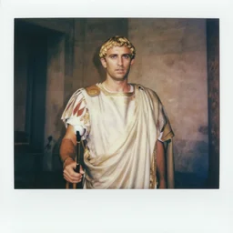 Polaroid picture of a Roman consul during a political speech in Ancient Rome, photography, hyper detailed, colourised