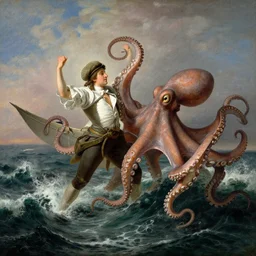frigate and giant octopus with gigantic tentacles dancing above the waves of an angry ocean, by jmw turner