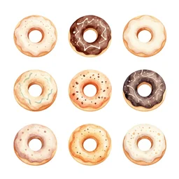 minimalist watercolor art variety of donuts on blank all white background, illustration, vector art