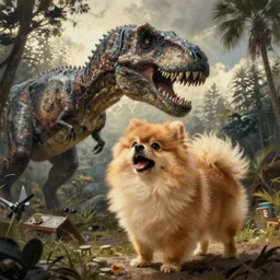 concept art painting of a pomeranian roaring in jurassic park, by james gurney and greg rutkowski