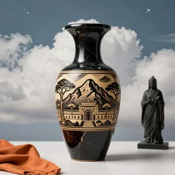 decoration on obsidian vase, africa, mountain, maritime pine, oaks, trees, architectural, temples, wide angle, puffy clouds, skies behind, stars in sky, italian masterpiece, ashford black marble with golden veins, sculpture, drapes, ocher details, still life, render, artstation, ultra detailed