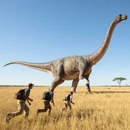 hunters chasing a diplodocus in the plains