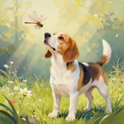 pointillism painting of a white and caramel beagle dog playing with dragonfly, bright, god rays, dreamy, trending on artstation