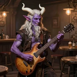 tiefling bard with white horns on his head, purple skin, he is playing a heavy Metal song. the background is a friendly tavern. The mood is friendly and welcoming. dungeons and dragons, highly detailed, matte painting, artstation, concept art, sharp focus, illustration, art by Leonardo da Vinci and Michelangelo and Botticelli