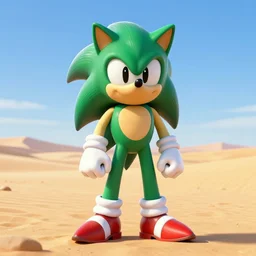 photo of green chaos emerald ( from sonic ), in the desert, highly realistic, hyperrealistic, hyperdetailed, anime, artstation, perfect cut, pyramid shape, from sonic