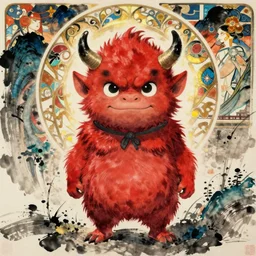 cute japanese little red ogre, naita aka oni, masterful, detailed. vivid bright colors, artstation, sumi e, traditional japanese painting, watercolor, by jeremy mann, by alphonse mucha