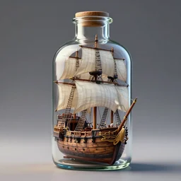 a realistic pirate ship in a glass bottle, hyper realistic, render, hd,