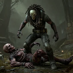 game screenshot of woolie madden in dead space 1 with dreadlocks, stomping on a necromorph