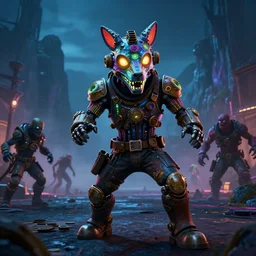pimp wearing a steampunk and neonpunk mechanical fluorescent mystical animal mask in strange misty mountain landscape. fight with night street - walking monsters, night, realism in style of fornite game, 4 k, octane render, artwork by tooth wu and wlop and beeple and greg rutkowski, ambient occlusion, award winning photograph, epic cinematic shot