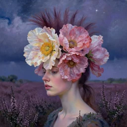 closeup, giant flowers as the head, mohawk, woman in heather field, surreal photography, starlight, storm clouds, impressionist painting, digital painting, artstation, simon stalenhag