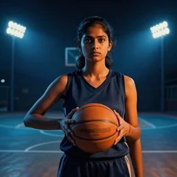portrait of an indian girl holding a basketball in a basketball court at night, resolute expression, inspirational, stadium lights, cinematic, concept art, dramatic composition, blue orange cinematography