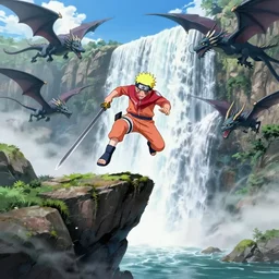 man with sword jump of the cliff in front of the waterfall, dragons flying around, anime, realistic shot, nature, animal planet, superhero, naruto