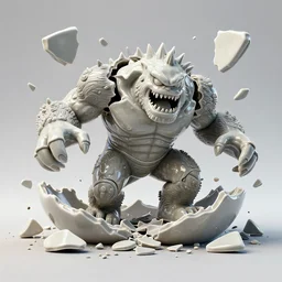 dissection of crazy ceramic exploding crash miniature toy Figure fury monster falling apart 8K, zbrush, c4d, in a Studio hollow, surrounded by flying parts, from avengers, explosion drawing, by wlop, beeple, boldtron