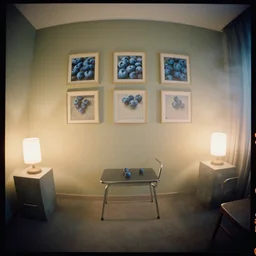 kodak portra 4 0 0, wetplate, 8 mm extreme fisheye, award - winning colour portrait by britt marling : a 1 9 6 0 s room, blueberry, square square picture frames, square square picture frames, haze, concrete, shining lamps, 1 9 6 0 s metal furniture, smoke, fog, no people