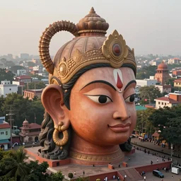 high quality dreamscape! biomorphic new delhi, hanuman!! head building, kalighat, octane highly detailed, cinematic smooth, stephen shore & john j. park, soft morning light, wide shot, high angle, uhd 8 k, deep focus