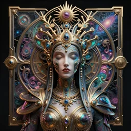 artstation futuristic 3 d model of hyper - detailed beautiful groovypunk queen of santinc galaxy in full regal attire. face portrait. art nouveau!!!, symbolist, visionary, baroque, giant fractal details. horizontal symmetry by zdzisław beksinski, iris van herpen, raymond swanland and alphonse mucha. hyper - real, beautiful