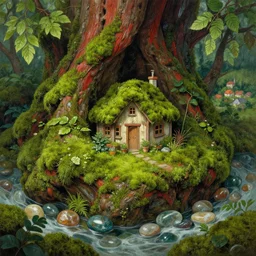 Green moss and leaves, red wood, and glossy semi-precious riverstone scheme. Fantasy illustration. A cozy cottage in a craggy, mossy place. Quiet locale. Quaint. Small village nearby. Art by James C. Christensen, James Gurney, Andreas Rocha, Barclay Shaw, Thomas Cole, Antoine Blanchard, Gilbert Williams, Christophe Vacher.