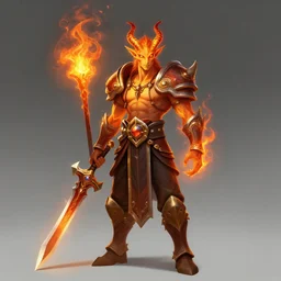 a portrait of a male burning ifrit fire elf holding a glaive, front full view, artstation, orthographic, hd, 8 k, pathfinder, d & d artwork, character commission, sharp high quality artwork by greg rutkowski, concept art, blizzard warcraft artwork, hearthstone card artwork