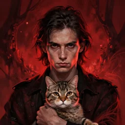 portrait of Neil Cicierega looking forward holding his cat, serious facial expression, digital artwork, highly detailed, trending on artstation, red colors, dark, dreamlike, mystical
