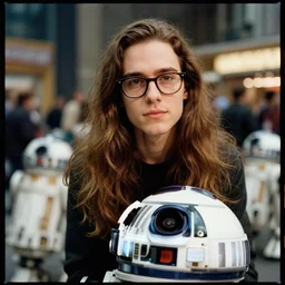 a camera footage of a handsome guy with very long brownish! hair, with nerdy glasse in a droid auction in coronet city, kodak portra 4 0 0, 8 k, highly detailed, britt marling style