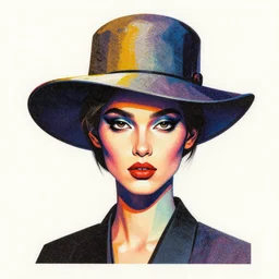 one full portrait of a post modern fashion model with an exuberant neo bio hat, colorful, beautiful face, octane render, vray, detailed, half - toned, editorial illustration, matte print, grainy light, ( ( dither ) ), risograph, high contrast, screen print, grainy texture