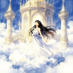 dreaming girl in the cloud palace. watercolor by award - winning mangaka, romaticism, intricate details, depth of field