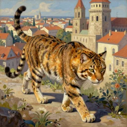big cat walking on ancient city, very detailed fine art, top of pinterest, trend of artistation, style of ( ( kadinski ) ) and ilia kuvshinov