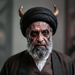 potrait of khamenei looking like demon, miserable, horror, dark high detail, sharp high detail, artstation