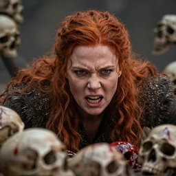 still from game of thrones of a head and shoulders action photo, human female barbarian, red hair, frenzy, blood and skulls, d & d, high fantasy, facial detail, extremely detailed