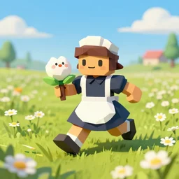 ( lowpoly ) ps 1 playstation 1 9 9 9 running ( anthropomorphic ) ( lurantis ) maid wearing a hat holding a ( swadloon ) standing in a ( field of daisies ), mount coronet in the distance digital illustration by ruan jia on artstation