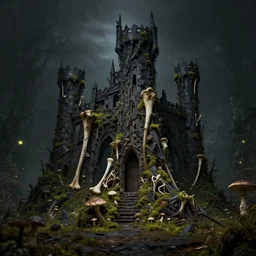 full body pose, hyperrealistic photograph of the black castle of rotbog swamp, bones, moss, mushrooms, fireflies, dim volumetric lighting, 8 k, octane beautifully detailed render, extremely hyper detailed, intricate, epic composition, cinematic lighting, masterpiece, trending on artstation, very very detailed, stunning, hdr, smooth, sharp focus, high resolution, award, winning photo, dslr, 5 0 mm